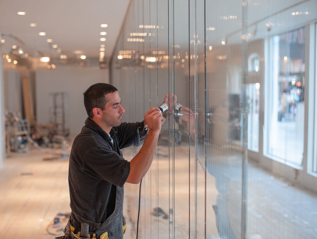 Commercial glass wall installation – technician securing panel in NYC retail space